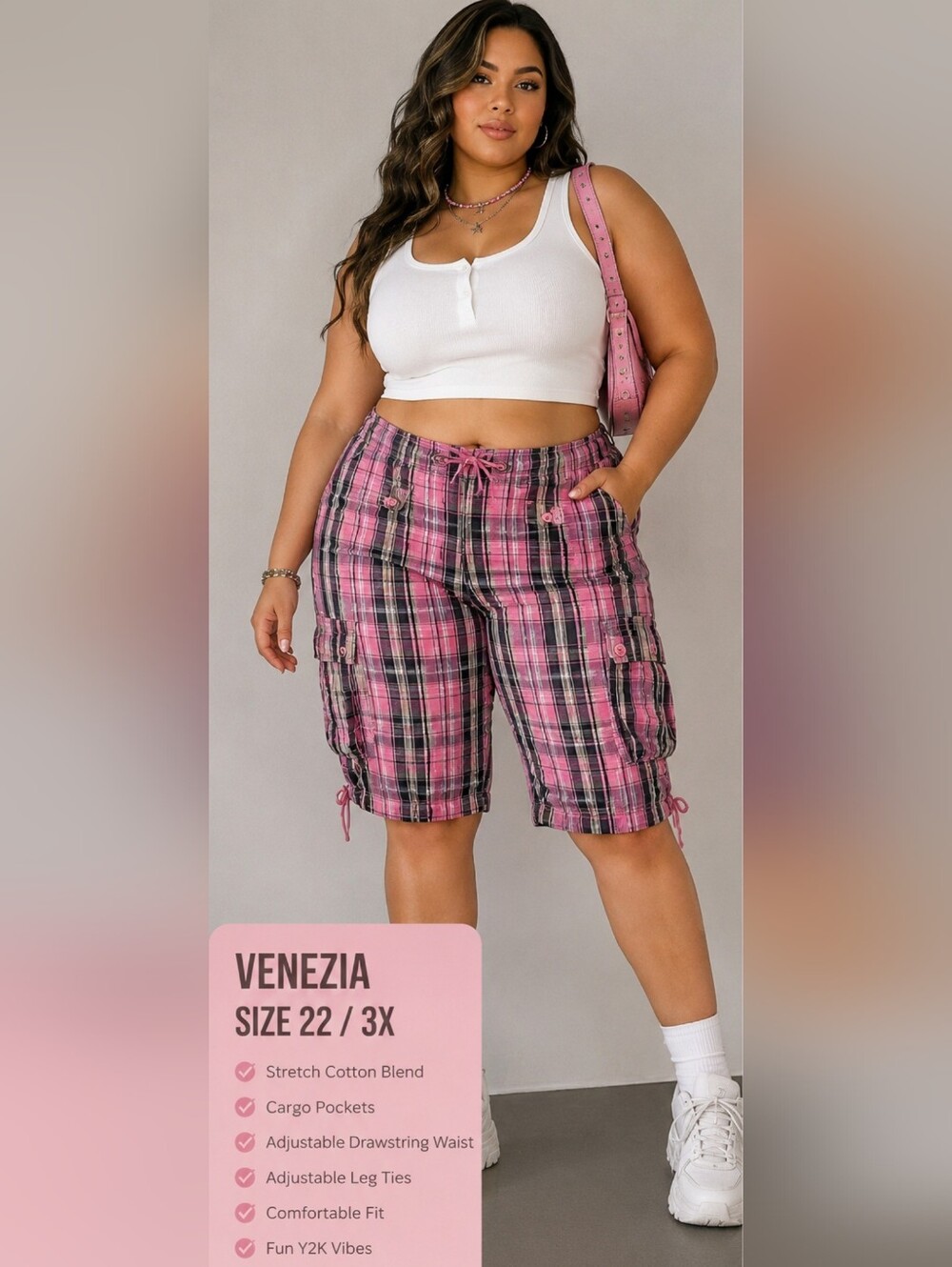 Venezia Pink and Black Plaid Cargo Shorts